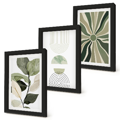 Composizione di 3 quadri Motivi vegetali con forme geometriche in verde