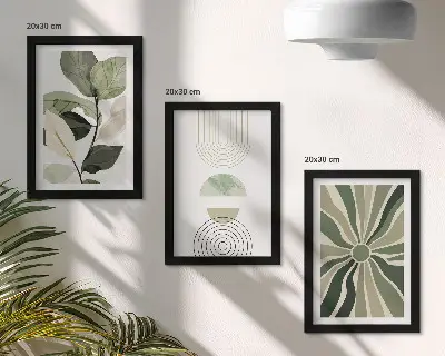 Composizione di 3 quadri con motivi vegetali e forme geometriche verdi
