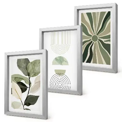 Composizione di 3 quadri con motivi vegetali e forme geometriche verdi