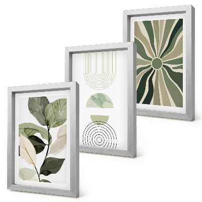 Composizione di 3 quadri Motivi vegetali con forme geometriche in verde