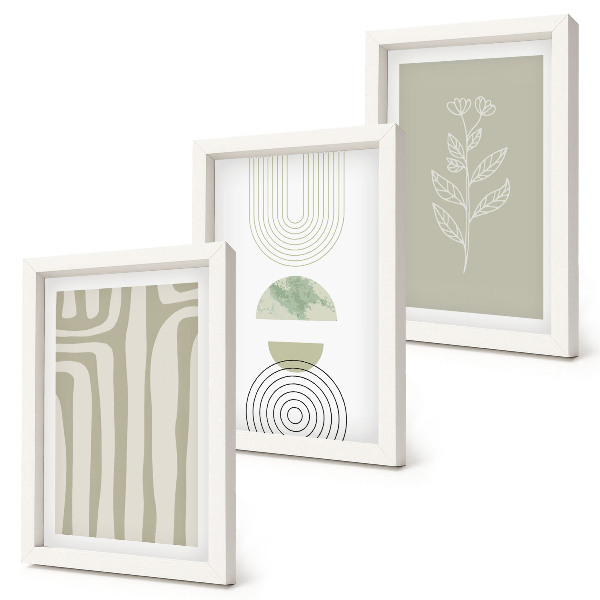 Trittico incorniciato Motivi geometrici con accenti vegetali in diverse tonalità di verde.