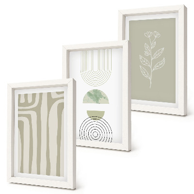 Trittico incorniciato Motivi geometrici con accenti vegetali in diverse tonalità di verde.
