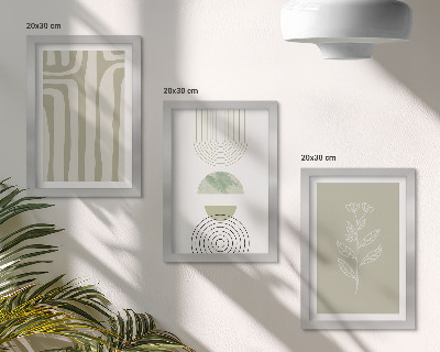 Trittico incorniciato Motivi geometrici con accenti vegetali in diverse tonalità di verde.