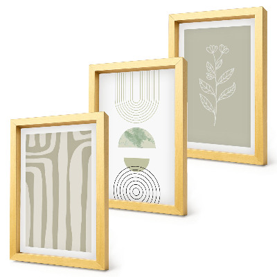 Trittico incorniciato Motivi geometrici con accenti vegetali in diverse tonalità di verde.