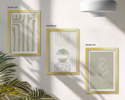 Trittico incorniciato Motivi geometrici con accenti vegetali in diverse tonalità di verde.