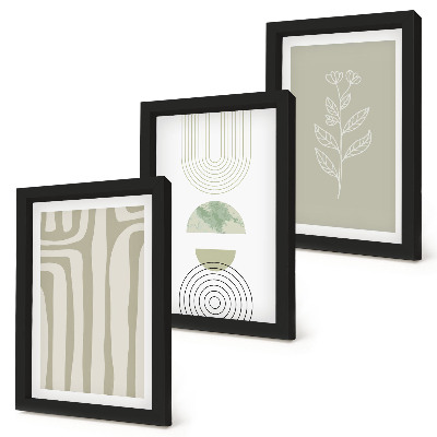 Trittico incorniciato Motivi geometrici con accenti vegetali in diverse tonalità di verde.
