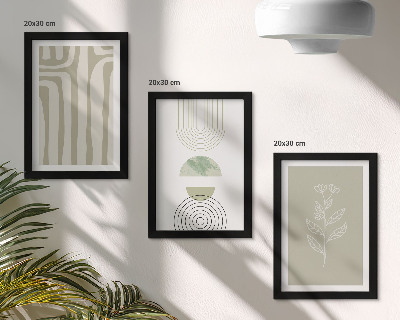 Trittico incorniciato Motivi geometrici con accenti vegetali in diverse tonalità di verde.