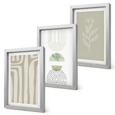 Trittico incorniciato Motivi geometrici con accenti vegetali in diverse tonalità di verde.
