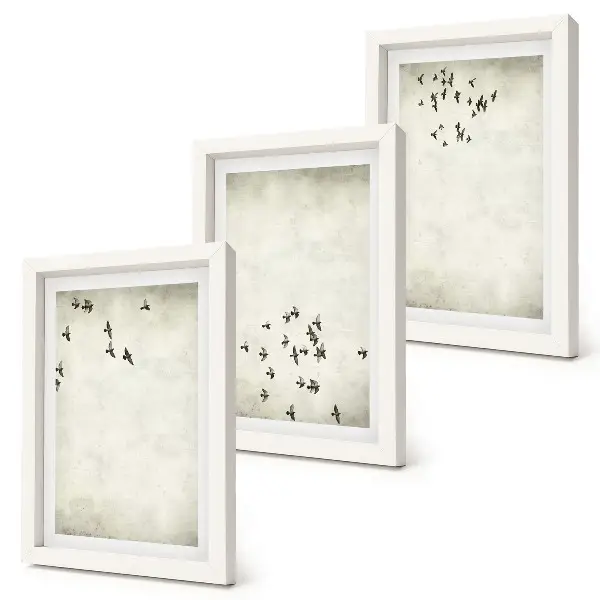Trittico incorniciato dipinto minimalista con uccelli in volo