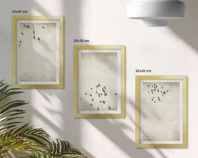 Trittico incorniciato dipinto minimalista con uccelli in volo