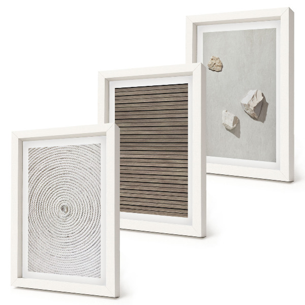 Trittico incorniciato Texture naturali legno pietre corda