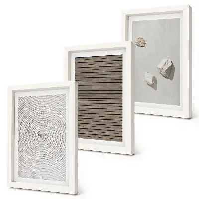 Trittico incorniciato con texture naturali di legno, pietre e corda