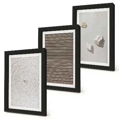 Trittico incorniciato con texture naturali di legno, pietre e corda
