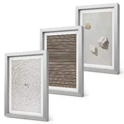 Trittico incorniciato con texture naturali di legno, pietre e corda