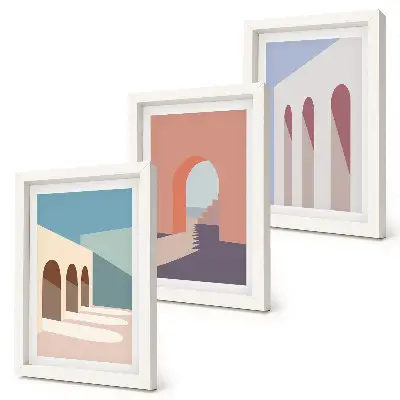 Trittico incorniciato grafica minimalista con architettura urbana dai toni pastello