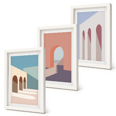 Trittico incorniciato Grafica minimalista dai toni pastello dell'architettura urbana.