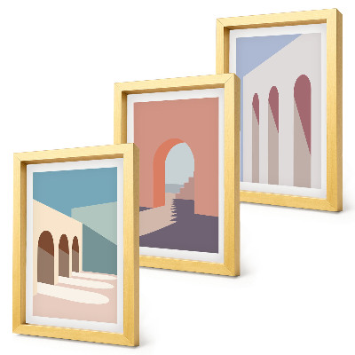 Trittico incorniciato Grafica minimalista dai toni pastello dell'architettura urbana.