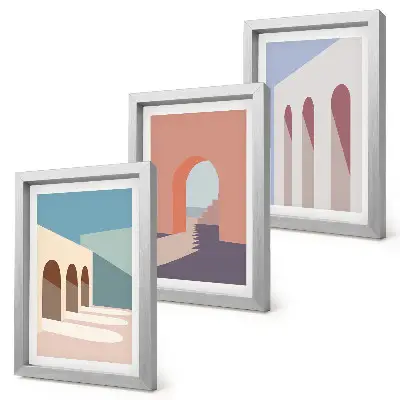 Trittico incorniciato grafica minimalista con architettura urbana dai toni pastello
