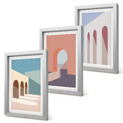 Trittico incorniciato Grafica minimalista dai toni pastello dell'architettura urbana.
