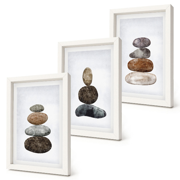 Trittico incorniciato Pile di pietre, pittura boho minimalista
