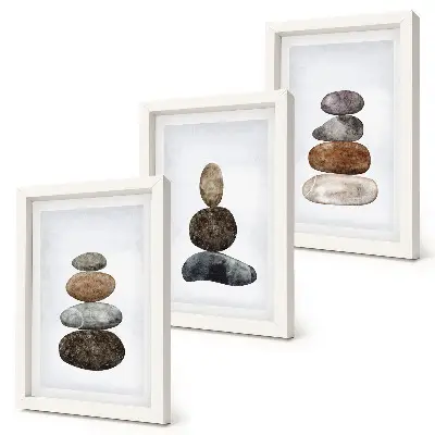 Trittico di pietre in equilibrio pittura in stile boho minimalista con cornice