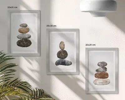 Trittico di pietre in equilibrio pittura in stile boho minimalista con cornice