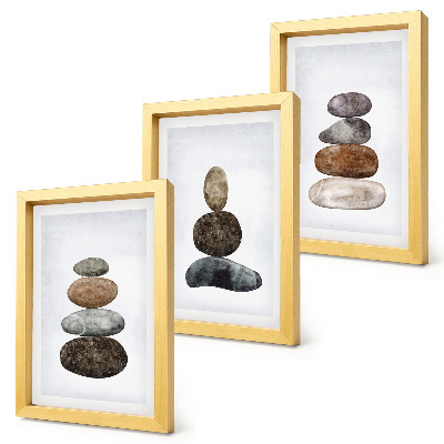 Trittico incorniciato Pile di pietre, pittura boho minimalista