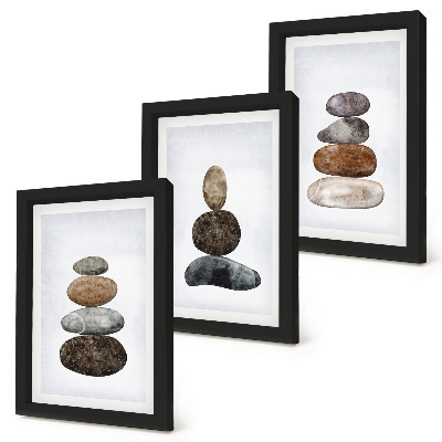 Trittico incorniciato Pile di pietre, pittura boho minimalista