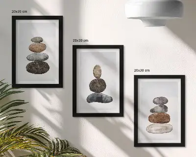 Trittico di pietre in equilibrio pittura in stile boho minimalista con cornice