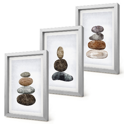 Trittico incorniciato Pile di pietre, pittura boho minimalista