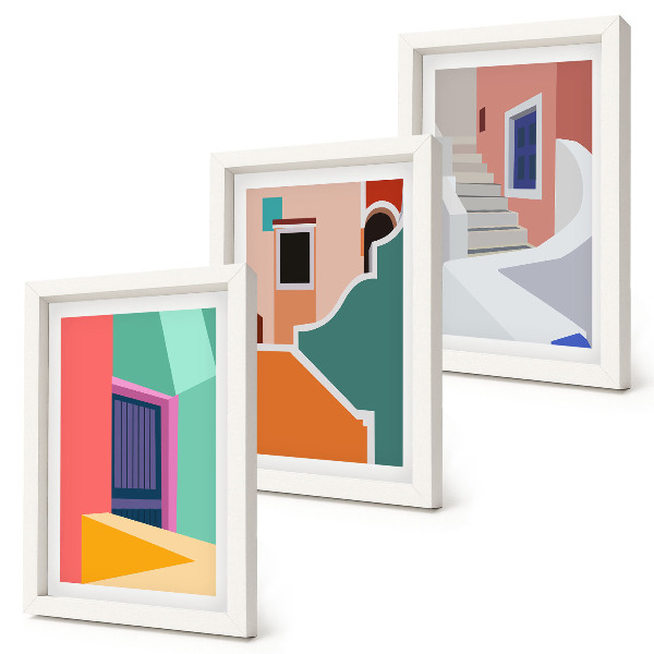 Trittico incorniciato Illustrazioni colorate di edifici in stile moderno