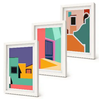 Composizione di 3 quadri con illustrazioni colorate della città in stile moderno