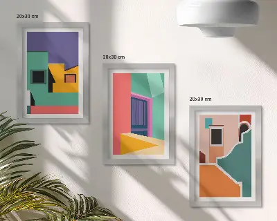 Composizione di 3 quadri con illustrazioni colorate della città in stile moderno
