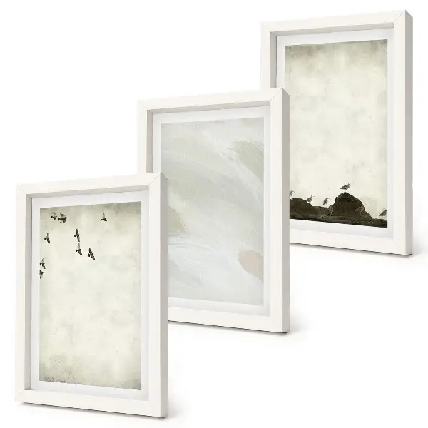 Trittico incorniciato decorazioni minimaliste con uccelli, rocce e pennellate