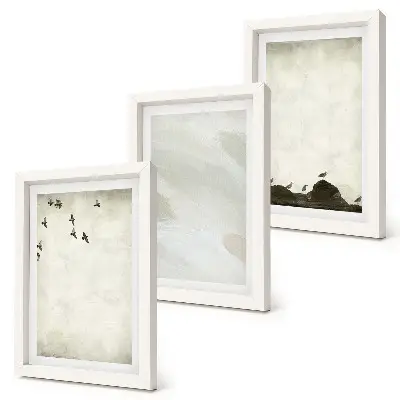 Trittico incorniciato decorazioni minimaliste con uccelli, rocce e pennellate