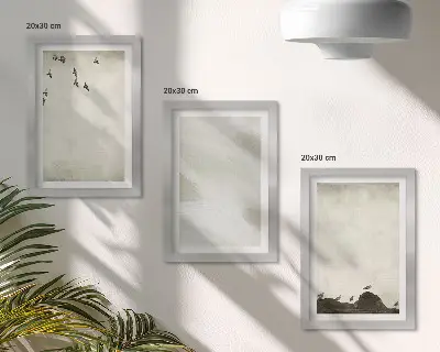 Trittico incorniciato decorazioni minimaliste con uccelli, rocce e pennellate