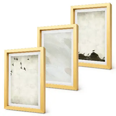 Trittico incorniciato decorazioni minimaliste con uccelli, rocce e pennellate
