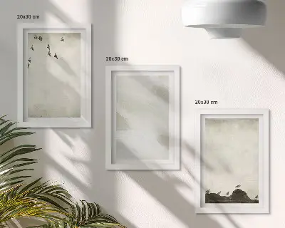 Trittico incorniciato decorazioni minimaliste con uccelli, rocce e pennellate