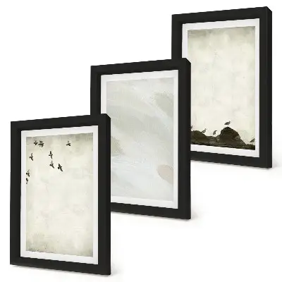 Trittico incorniciato decorazioni minimaliste con uccelli, rocce e pennellate