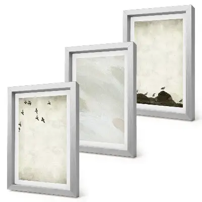 Trittico incorniciato decorazioni minimaliste con uccelli, rocce e pennellate