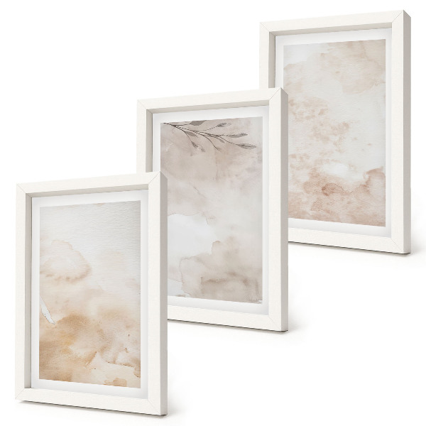 Composizione di 3 quadri Macchie e foglie ad acquerello dai colori pastello.