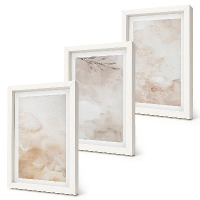 Composizione di 3 quadri Macchie e foglie ad acquerello dai colori pastello.