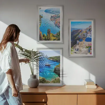 Set di 3 quadri con vedute greche di Santorini Oia