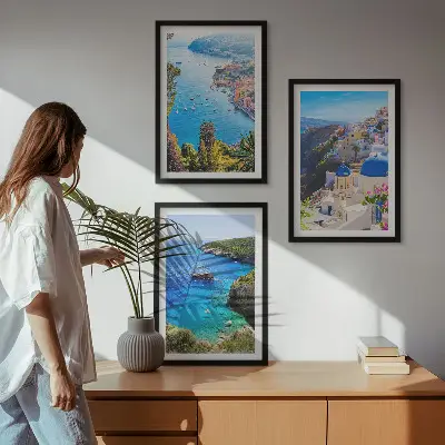 Set di 3 quadri con vedute greche di Santorini Oia