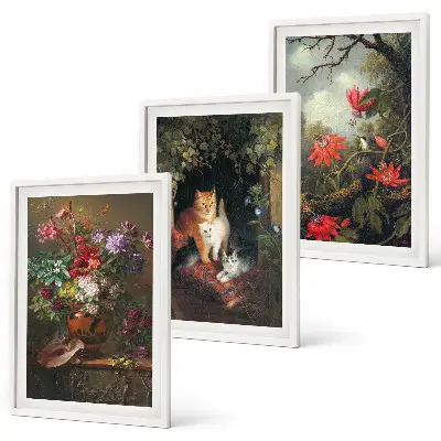 Composizione di quadri con fiori vintage, gatti e natura