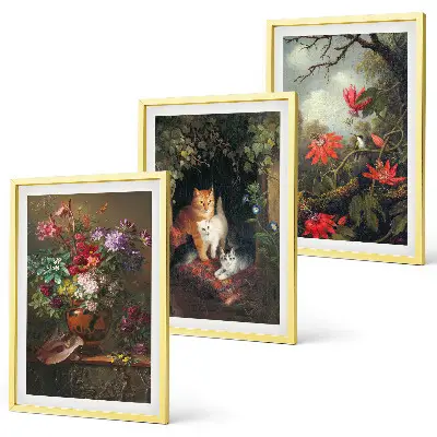 Composizione di quadri con fiori vintage, gatti e natura