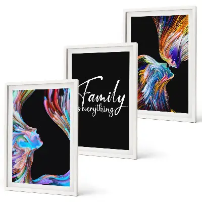 Set di 3 quadri con ritratti di persone e motivi colorati a tema famiglia