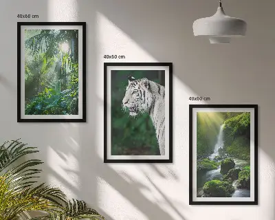 Composizione di quadri rappresentante una cascata nella giungla con tigre