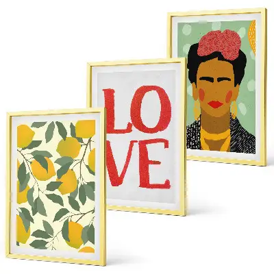 Set di 3 quadri con il ritratto di Frida e limoni
