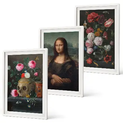 Composizione di quadri con ritratto della Monna Lisa in versione teschio floreale